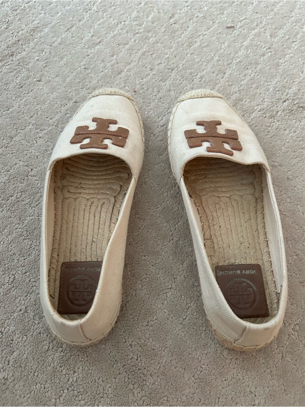 Tory Burch Cream Canvas Espadrilles with Brown Logo Emblem